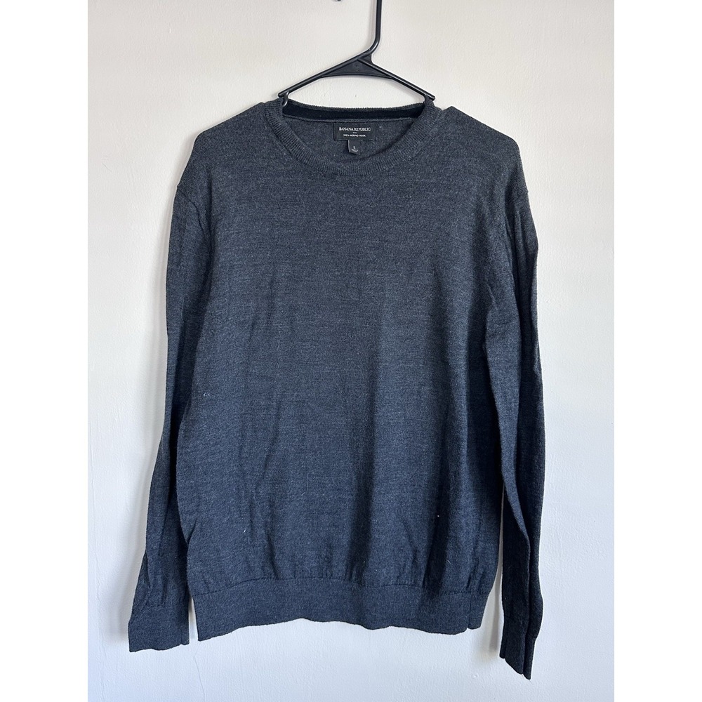 Banana Republic 100% Merino Wool Crew Neck Sweater Mens Charcoal Grey Knit LARGE